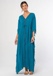 Teal Crinkle Gauze Fringe Maxi Caftan