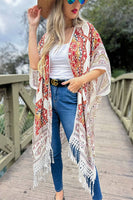 Beige Multi Printed Tassel Kimono