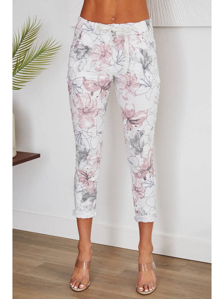 Ellie Floral Print White Crinkle Jogger