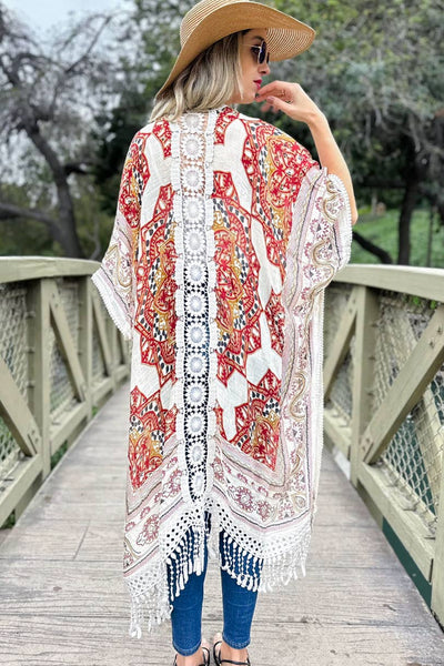 Beige Multi Printed Tassel Kimono