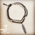 Triple Strand Pearl and Chain Necklace w/ Feather Charm