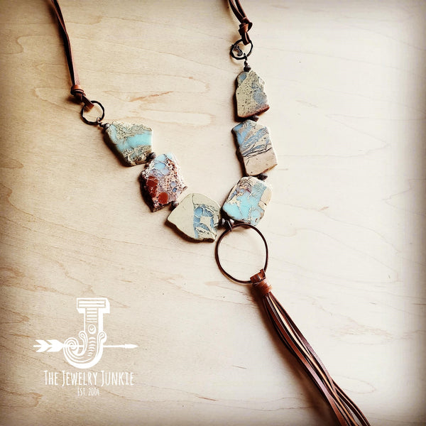 Aqua Terra Slab Necklace with Copper Hoop & Fringe Tassel