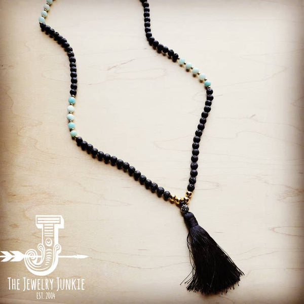 Black Lava & Amazonite Long Necklace with Tassel