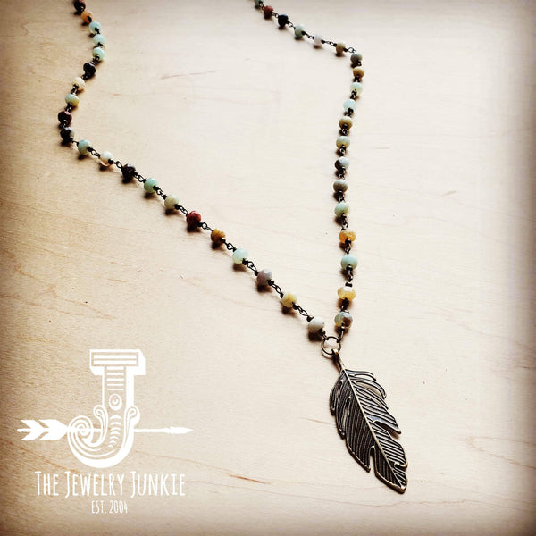 Amazonite Long Beaded Necklace with Antique Gold Feather
